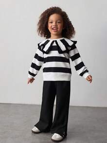 Maija Kids 女童条纹彼得潘领卫衣和裤子休闲套装 - 黑與白 - 查看 1