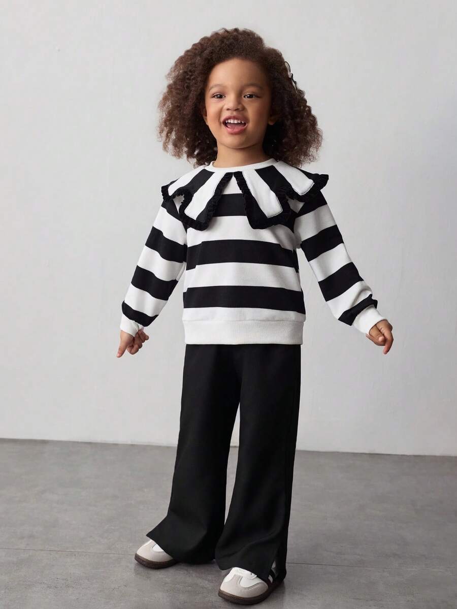 Maija Kids 女童条纹彼得潘领卫衣和裤子休闲套装 - 黑與白 - 查看 1