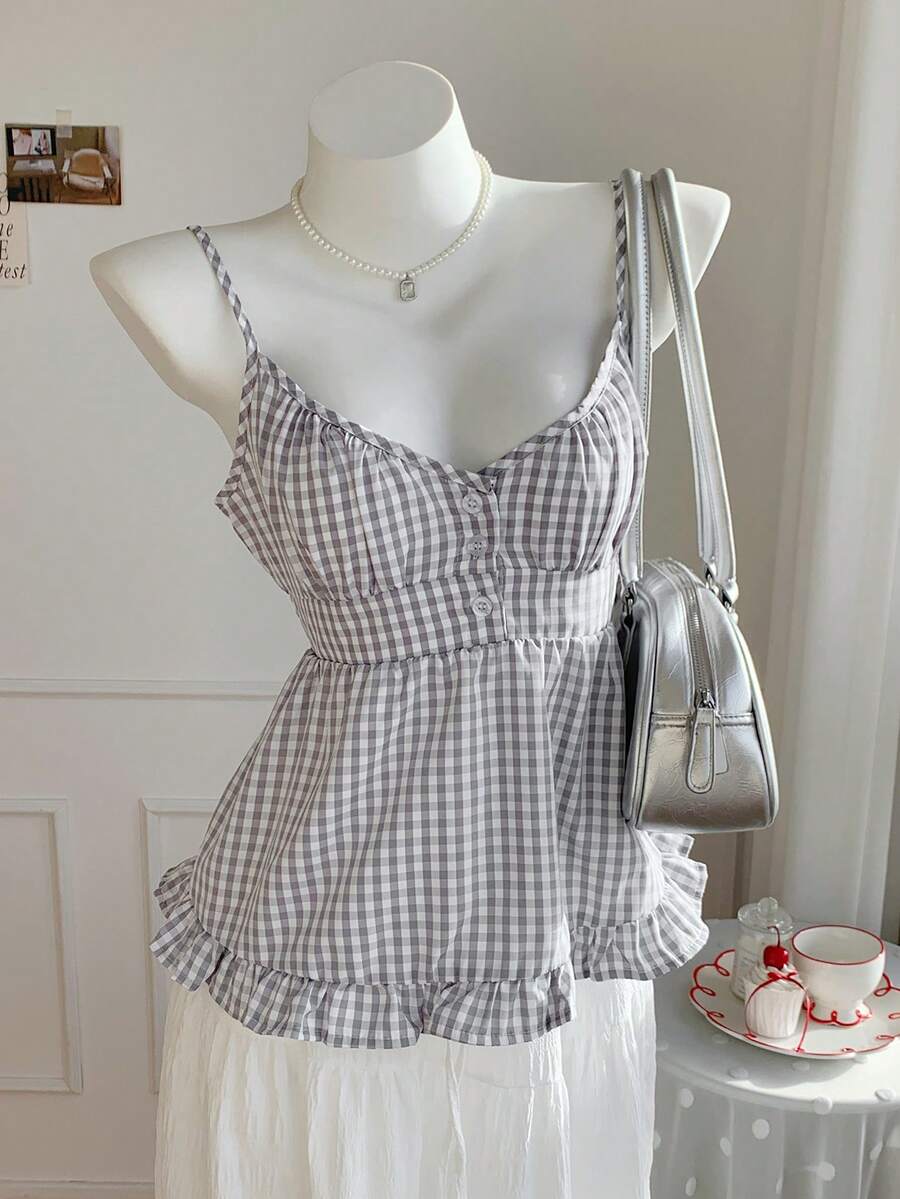 SHEIN EZwear 女士夏季格紋蕾絲背心，襯有褶邊 - 彩色 - 查看 1