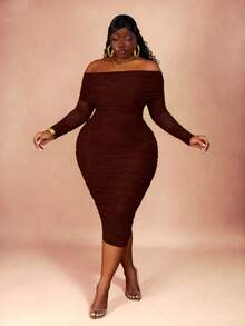 CurvyTilda Plus Size Women's Brown Off-Shoulder Ruffle Mesh Bodycon Dress, Autumn, For Hourglass Body Shape - Brown - View 6
