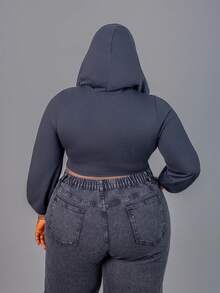 CurvyTilda Plus Lace Up Front Cutout Hoodie Winter Fall Autumn, For Hourglass Body Shape - Black - View 2