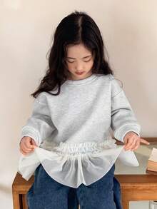 DAZY 女童圆领针织抓绒撞色网眼卫衣，秋季款