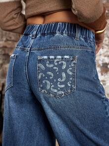 EMERY ROSE Women's Pocket Button Casual Versatile Commuting Flare Leg Jeans - Blue - View 3