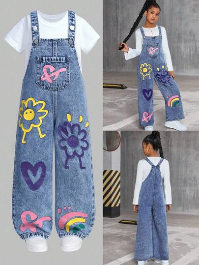 SHEIN Sparklyn 女童时尚花卉、心形、彩虹和涂鸦印花休闲柔软水洗牛仔可调节肩带宽松连体裤，适合与短袖/长袖上衣搭配，适合日常穿着和旅行，四季皆宜