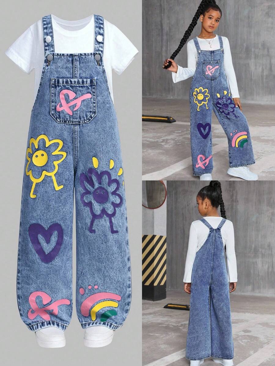 SHEIN Sparklyn 女童时尚花卉、心形、彩虹和涂鸦印花休闲柔软水洗牛仔可调节肩带宽松连体裤，适合与短袖/长袖上衣搭配，适合日常穿着和旅行，四季皆宜 - 深色水洗藍 - 查看 1