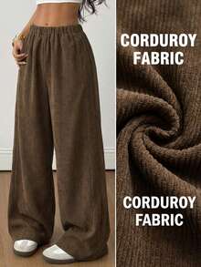 Sparklyn Vintage Brown Corduroy Wide Leg Pants For Teen GirlHigh Waist Drawstring Design, Casual Retro Style For Daily Wear