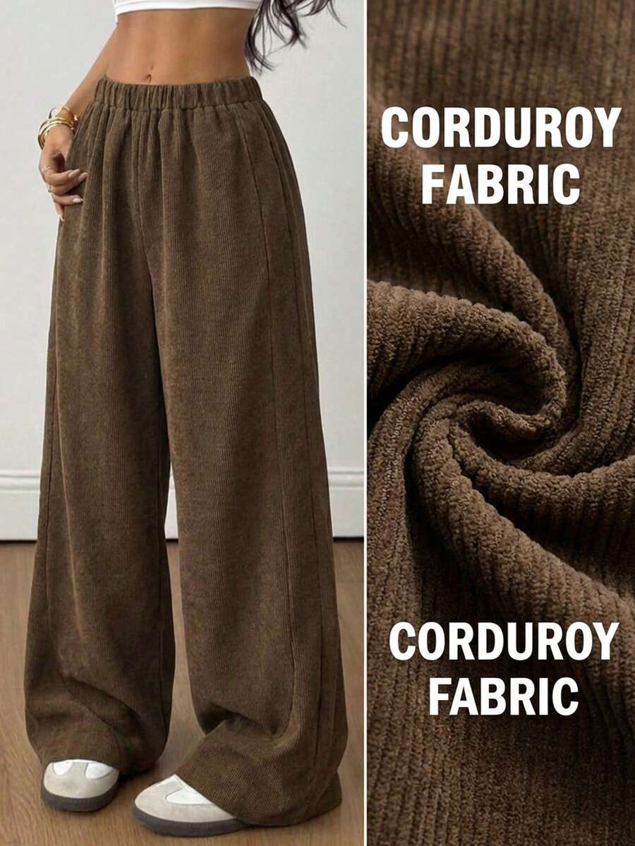 Sparklyn Vintage Brown Corduroy Wide Leg Pants For Teen GirlHigh Waist Drawstring Design, Casual Retro Style For Daily Wear