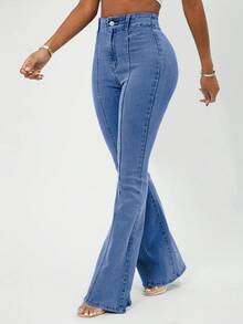 EURMUSE Cotton Women's High Waist Casual Flare Legs Jeans - Blue - View 4