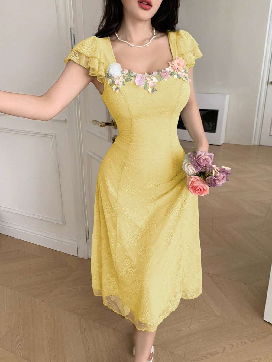 Modelyn Vestido de Verão Sem Mangas com Recortes de Renda e Decoração Floral para Mulheres - Amarelo - Visão 1