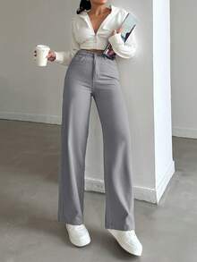 EURMUSE HIGH RISE BEIGE WIDE LEG TALL SIZE JEAN - Grey - View 5