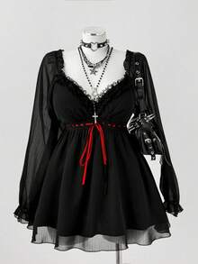 Sunspun 大码女式撞色蕾丝荷叶边长袖衬衫 - 黑色 - 查看 2