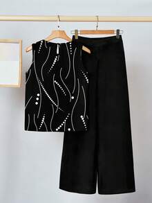 SHEIN Clasi 2pcs/Set Women Casual Floral Pattern Outfit, Suitable For Summer Vacation - Black - View 2