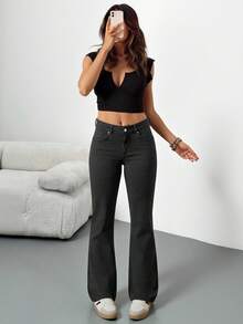EURMUSE Mocha Brown Comfort Fabric Low Waist Straight Leg Denim Jean - Dark Grey - View 9