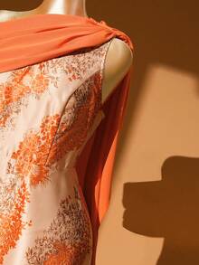 DreamSkyne Große Größen Damen Kleid mit Blume Muster, Off-Shoulder Schnitt mit geraffter Taille, vintage Silhouette mit leuchtenden Farben, asymmetrisches Schulterdesign verleiht elegante Ausstrahlung, geeignet für Strandurlaub, Strandreisen, Pendlermode, Valentinstag, Musikfestival, Muttertag, Halloween, Thanksgiving, Ostern, Nationalfeiertag, Neujahr, Datenight, Weihnachten, Hochzeitssaison - Orange - Übersicht 5