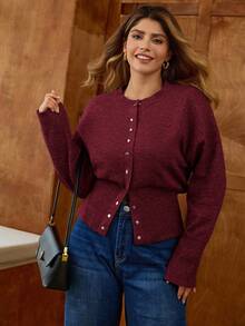 Elaquor Cárdigan de talla grande de unicolor casual con cintura ceñida, para otoño/invierno/primavera, vacaciones de primavera - Rojo - Ver 3