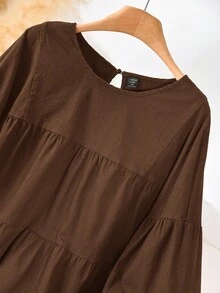 CosyJoli Blusa holgada de cuello de muñeca, corte evasé en A, de talla grande, para primavera - Café integral - Ver 4