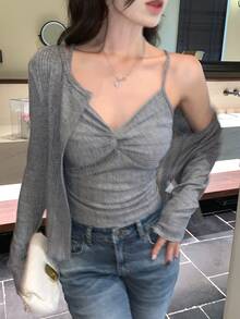 DAZY Women's Solid Color Camisole & Cardigan 2 Pieces Set Spring Lounge Sets For Women - Grey - View 1