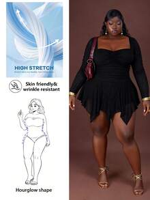 CurvyTilda Plus Size Women's Solid Color Pleated Square Neck Long Sleeve Asymmetrical Hem Dress, Y2k Vintage Asymmetrical Hem Dress, Halloween Costume, Witch Costume Black Dress, For Hourglass Body Shape - Black - View 1