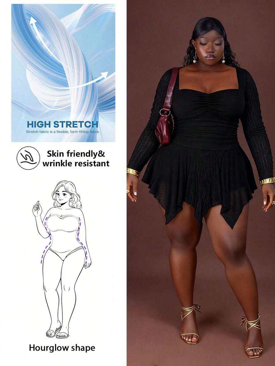 CurvyTilda Plus Size Women's Solid Color Pleated Square Neck Long Sleeve Asymmetrical Hem Dress, Y2k Vintage Asymmetrical Hem Dress, Halloween Costume, Witch Costume Black Dress, For Hourglass Body Shape - Black - View 1