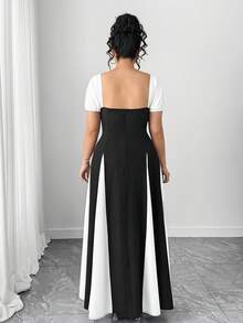 SHEIN Tall CURVE Plus Size Women's Elegant Contrast Color Tie Waist Square Neck Puff Sleeve A-Line Dress - Multicolor - View 2