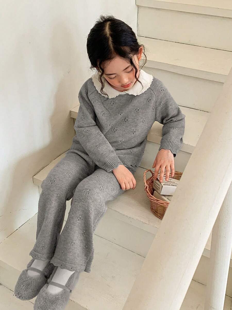 DAZY Young Girl Casual Colorblock Collar Sweater And Knit Pants Set, Autumn/Winter - Grey - View 1
