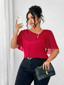 Elenzga Plus Size Asymmetrical Ruffle Collar Button Decor Short Sleeve Elegant Blouse - Red - View 1