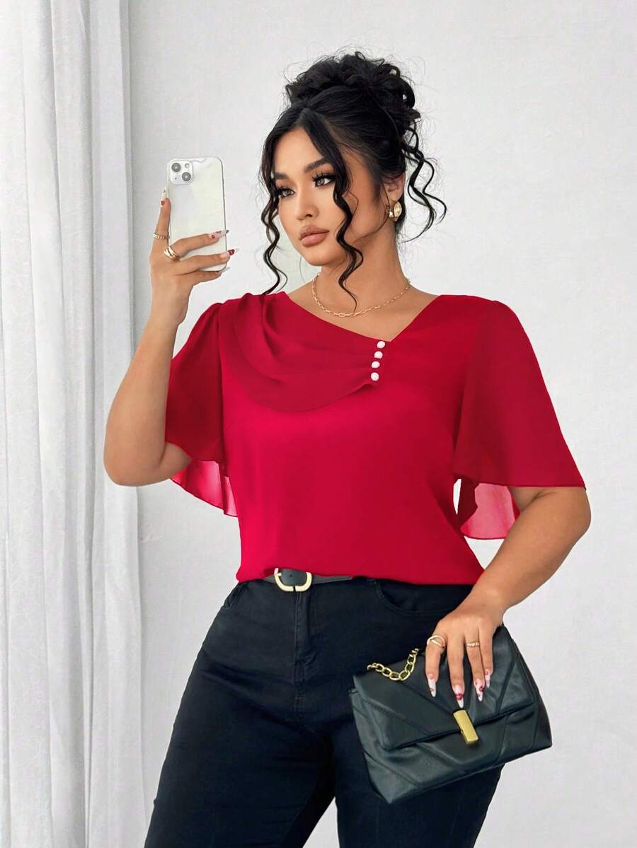 Elenzga Plus Size Asymmetrical Ruffle Collar Button Decor Short Sleeve Elegant Blouse - Red - View 1