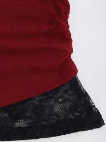 Sweetra Sexy Lace Patchwork Asymmetric Shoulder Slim Fit Pullover Top With Asymmetrical Hem, Stylish Design For Women, Autumn/Winter - Red - View 4