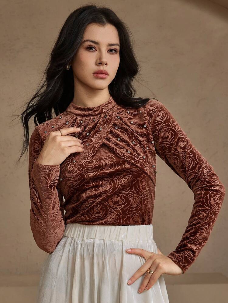 Women's Floral All-Over Print Pleated Collar Fashionable Versatile Long Sleeve Blouse, Suitable For Party And Commute