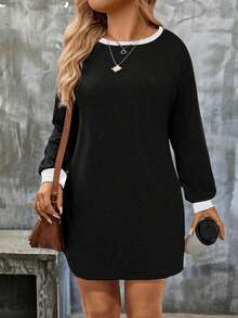 EMERY ROSE Women's Autumn/Winter New Contrast Color Trim Casual Versatile Plus Size Dress - Black - View 3