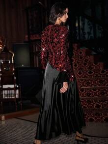 Uhlyne 圆领长袖腰部串珠纯色拼接奢华优雅女士派对礼服 - 酒紅色 - 查看 6