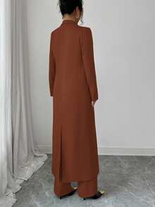 Elenzga 两件套：女士优雅翻领长袖长款外套搭配直筒裤两件套，精致优雅，适合办公室、通勤、街头风、法式浪漫、休闲、中东复古、下午茶、派对、感恩节、返校季、秋冬季等场合。 - 鏽棕色 - 查看 2