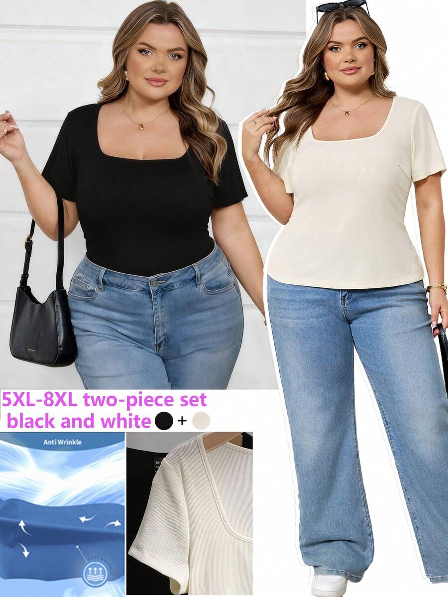 SHEIN CURVE+ 两件套加大码女式方领短袖休闲修身性感T恤,适合春夏穿着/2026/新年 - 彩色 - 查看 1