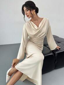 Firerie Đầm công sở màu mơ, cổ thuyền, tay loe, eo thon, xếp ly, thích hợp mặc đi làm; Đầm công sở thanh lịch tối giản mùa xuân/hè mới, chất liệu satin màu mơ, cổ bất đối xứng, tay loe, thích hợp mặc đi làm; Áo khoác ngoài mùa thu cho nữ; Đầm dự tiệc cưới. - Màu be - Xem 1