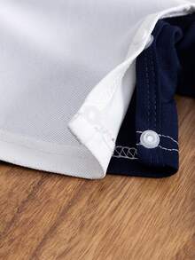 0-3 Years Old Baby BoyColorblock Romper, Light Blue & Navy Collar Short Sleeve, Exquisite Polo Embroidery, Suitable For All Seasons, Short Trips, Holidays, Outings, Relaxation, Daily Home, Outdoor Layering, Fit For 3 Months To 24 Months Baby Boys Clothing Baby Boy Polo Romper Baby Boy Summer Romper Baby Boy Clothes Polo - White - View 11