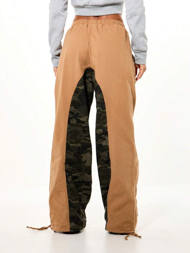 SUMWON High Rise Utility Cargo Pants With Camouflage Panel Inserts Wide Leg Drawstring Waist Multiple Pockets