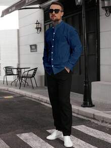 Manfinity CasualCool 男士休闲纯色前开襟长袖衬衫，秋季款 - 藏蓝色 - 查看 6