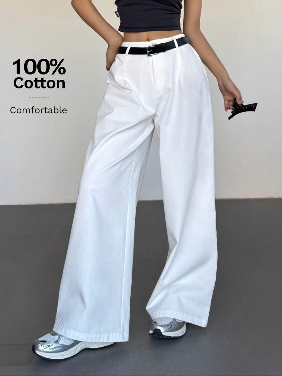 SHEIN EZwear New Spring/Summer Solid White Wide Leg Pants With Belt - White - View 1