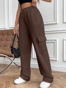 SHEIN PETITE 灰色抽绳腰带斜插口袋侧袋翻盖直筒长款休闲运动裤，时尚简约风格，适合娇小身材女性秋冬季穿着。 - 棕色 - 查看 4