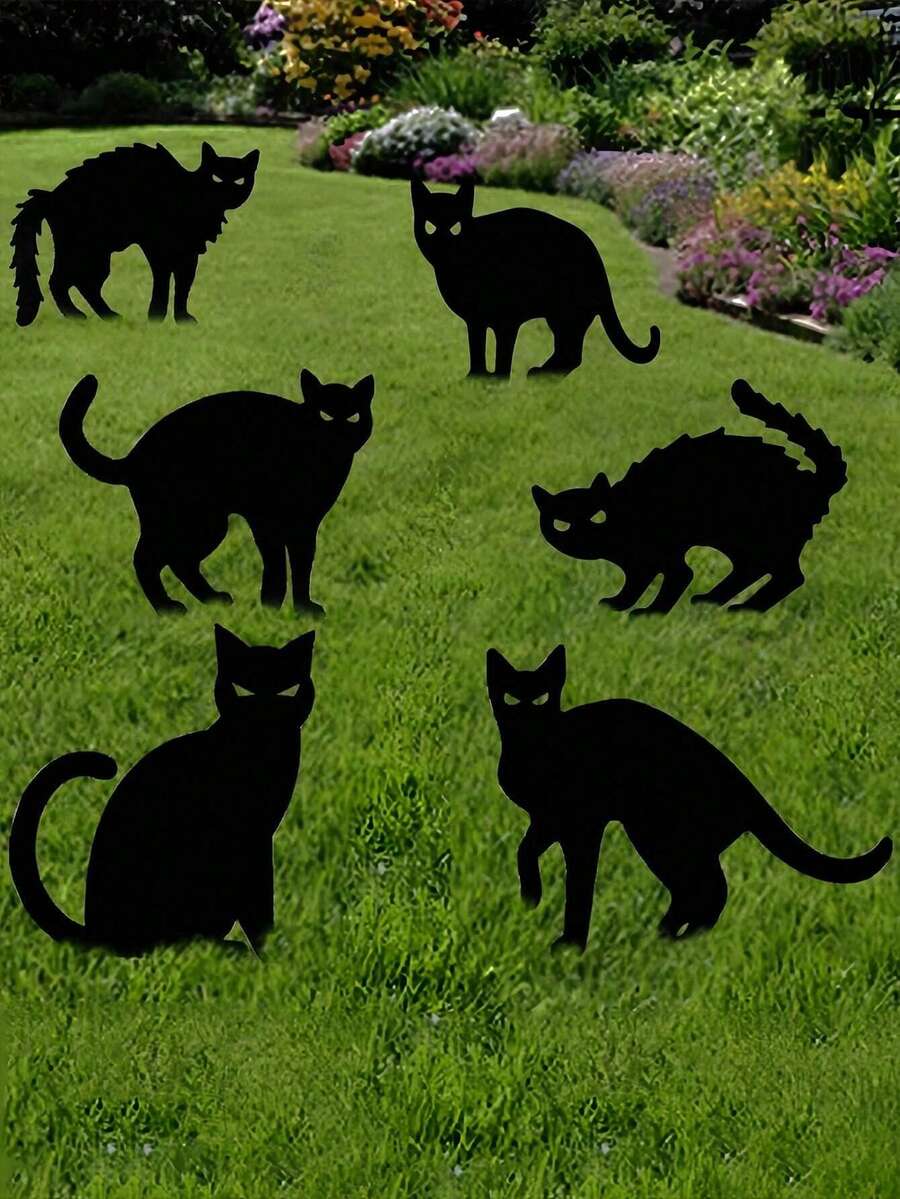 6 pezzi - Decorazione di Ognissanti con gatto nero e logo del cortile, con 12 pali, decorazione di Ognissanti, decorazione di gatto nero, decorazione di sagoma orrore di Ognissanti, sagoma terrificante, decorazione di casa stregata di Ognissanti per esterno, cortile, prato, giardino (1 pezzo, stile casuale) - nero - Visualizzare 1