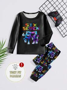 67 Digital Home Wear 1Set Boys' Glow-In-The-Dark Cartoon Numeric Character Print Long Sleeve Top And Pants Snug Fit Pajamas, Spring/Autumn/All Season