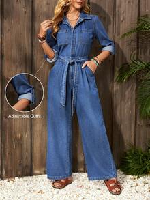 EMERY ROSE Women's Cuffed Long Sleeve Pocket Casual Wide Leg Denim Jumpsuit - Medium Wash - View 1