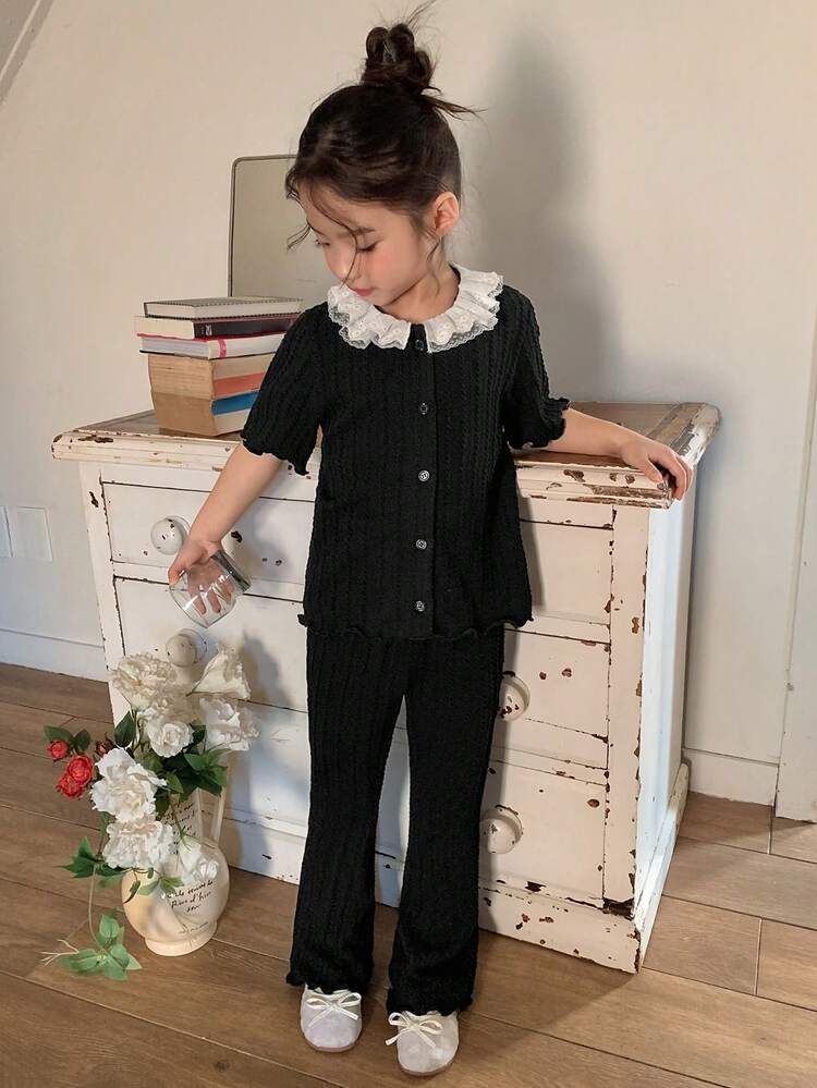 Young Girls Lace Patchwork Casual Round Neck Korean Style Long Sleeve Top And Pants Set