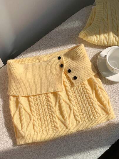 Comfortcana 女士新款春秋季时尚麻花针织翻边纯色休闲百搭柔软毛衣半身裙，修身迷你裙