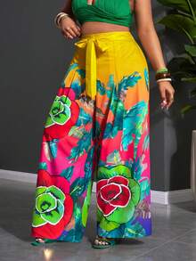 Slaydiva 大码女式假日打结腰印花宽松阔腿休闲裤，适合圣诞节/新年、感恩节、海滩度假、性感女装、假日休闲街头风 - 彩色 - 查看 4
