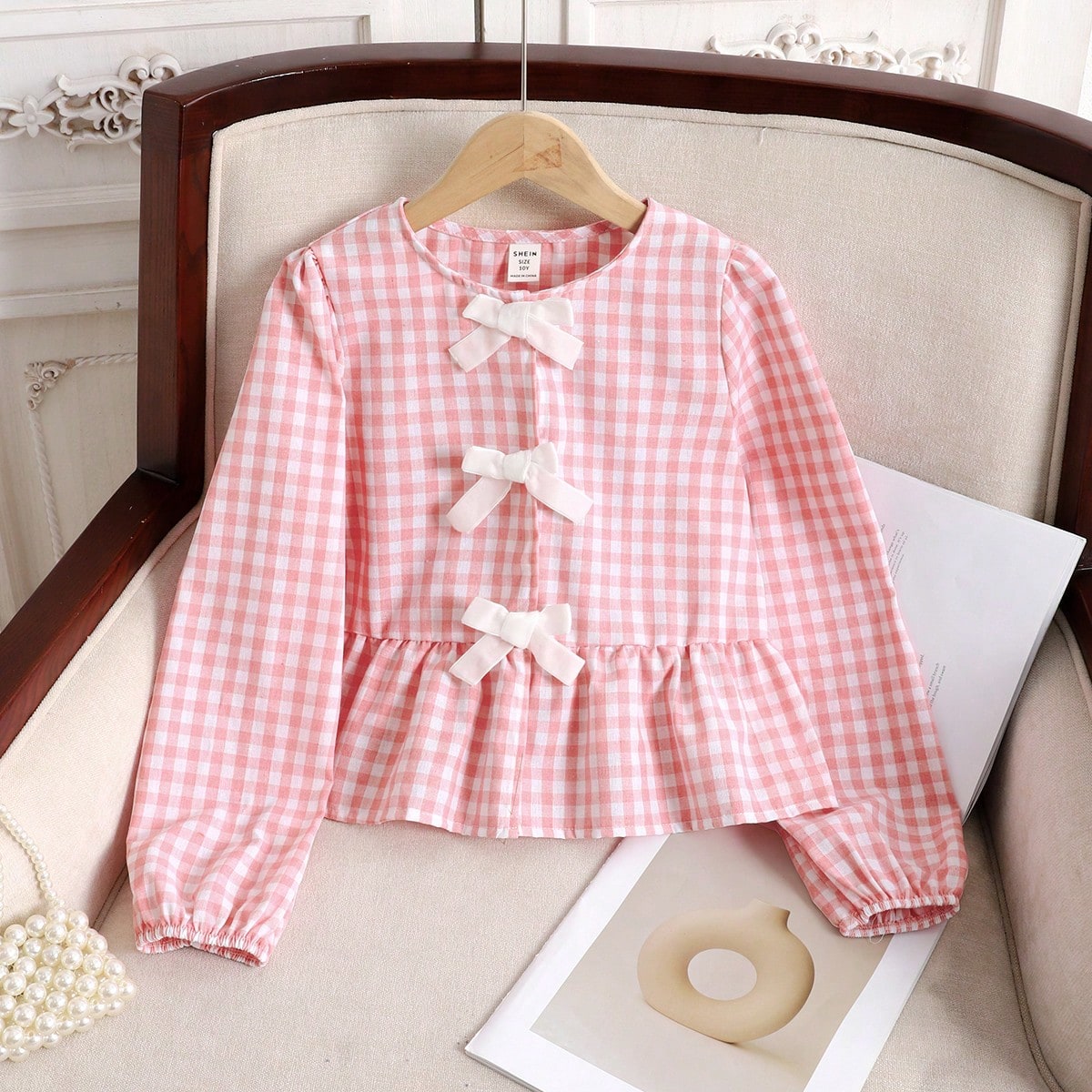 Blusa con cuello Peter Pan y decoración de lazo para niñas preadolescentes, blusa de vacaciones con recorte de mariposa