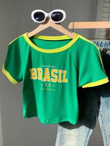 SHEIN EZwear Brazil Letter Graphic Contrast Trim Raglan Sleeve Crop Tee - Green - View 3