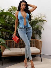 SHEIN SXY 夏季前开衩、露背、系带挂脖黑色上衣 - 藍色 - 查看 3