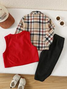 Set 3 piese ținute casual pentru bebeluși băieți: Vestă roșie culoare solidă, Vestă cu imprimeu de cai, Cămașă în carouri, Pantaloni casual negri, Potrivit pentru petrecere de ziua de naștere, petrecere de seară, spectacol, nuntă, petrecere baby shower, botez, sărbătoarea primei aniversări. Haine pentru bebeluși băieți de 3 ani cu mânecă standard. Seturi pentru bebeluși băieți de 3 ani. Set rochii pentru bebeluși băieți de 3 ani. Seturi de haine pentru bebeluși de 3 ani. - Multicolor - Vizualizare 3