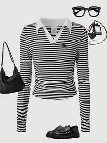 Tween Girls' Contrast Color Collar Striped Long Sleeve Casual Knight Print T-Shirt - Black - View 3